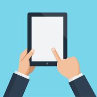 Finger touching blank screen of vertical tablet computer vector