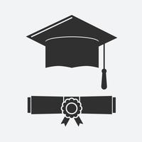 Sombrero de graduación silueta y diploma enrollado. vector