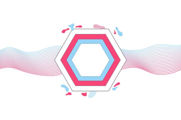 Modern geometric banner with flat shapes, trendy pink and blue colors