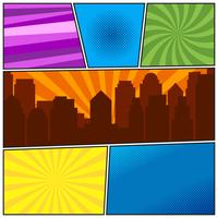 Comic book page template with different radial backgrounds and city silhouette vector