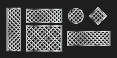 Metal grilles frames on black background, vector set