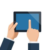 Empresario espera tablet y señala pantalla vacía azul vector