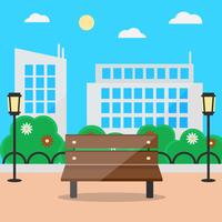 Flat style blooming summer cityscape with bench and street lights vector