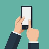 Hand holds smartphone and finger touches screen. vector