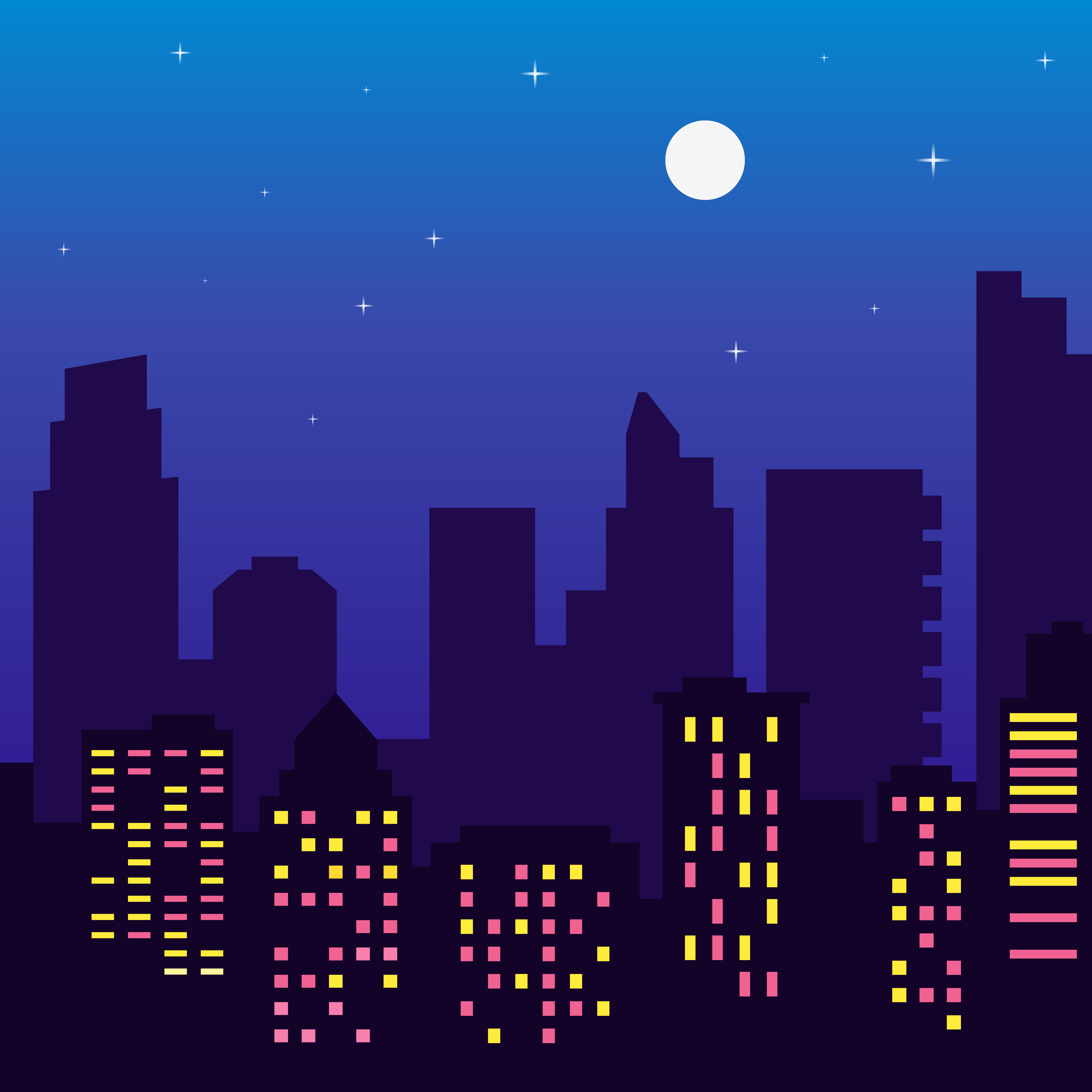 Night Silhouette Of Buildings With Colorful Windows Full