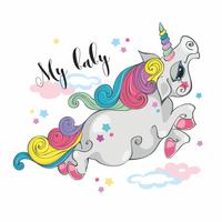 Unicornio mágico. Mi bebé. Pony de hadas Melena del arco iris Estilo de dibujos animados Vector. vector