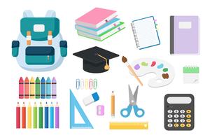 Basic RGBSet of back to school objects isolated on white background which include of book, note book, pencil crayon ,bag ,calculator, scissor and ruler. Vector illustration concept for new semester students.