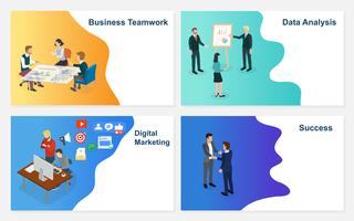 Basic RGB Set of business vector businessman working with team on creative idea project for analyzing company financial strategy. Concept for office discuss brainstorm success.