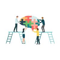 Teamwork group of people assembling a brain jigsaw puzzle. Concept for cognitive rehabilitation in Alzheimer disease and dementia patient. vector
