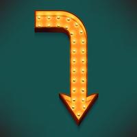 Vector realistic 3d volumetric icon on marquee symbol right angle pointing down arrow lit up with electric bulbs