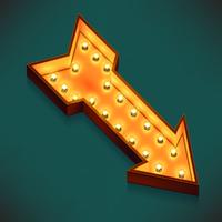 Vector realistic 3d volumetric icon on marquee symbol arrow pointing down right lit up with electric bulbs