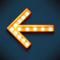 Vector realistic 3d volumetric icon on marquee sign short arrow looking left lit up with electric bulbs