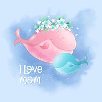 Cute cartoon whale mom and son in the sky, postcard print poster for a child s room.
