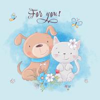 Cute cartoon cat and dog with flowers, postcard print poster for the children s room. vector