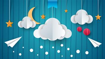 Paper illustration. Airplane, cloud, moon, star.
