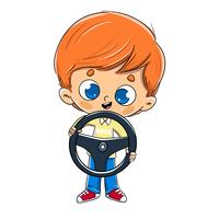 Boy with a steering wheel in his hand driving vector