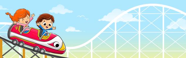 Kids riding a roller coaster down fast vector