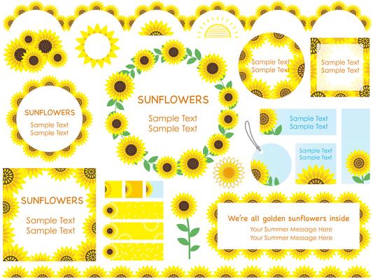 Set of assorted sunflower frames, borders, and tags. 