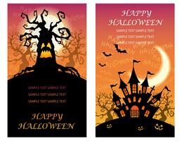 Conjunto de dos plantillas de tarjetas de felicitación de Feliz Halloween con árboles encantados y una mansión. vector