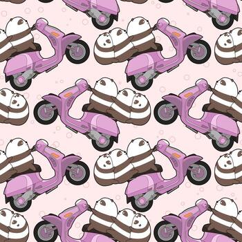 Seamless kawaii 3 pandas está montando un patrón de motocicleta. vector