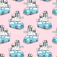 Seamless cute giant cat and pandas on blue van pattern. vector