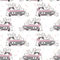Seamless drawn kawaii cats and pink car pattern.