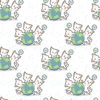 Seamless 3 kawaii cats love the world pattern vector