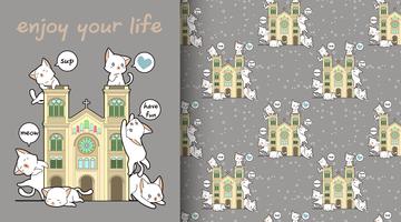 Seamless kawaii cats with a historic chapel pattern vector