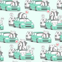 Seamless kawaii panda and cats with car in holiday pattern. vector