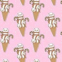 Seamless kawaii pandas on ice cream cone pattern vector