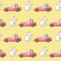 Seamless drawn kawaii cat is hauling a pink sport car pattern. vector