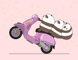 Kawaii 3 pandas anda en moto. vector