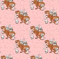 Seamless kawaii pandas and cats with dinosaur pattern vector