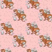 Seamless kawaii pandas and cats with dinosaur pattern vector