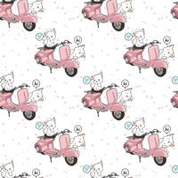 Seamless kawaii 2 white cats with motorcycle pattern vector