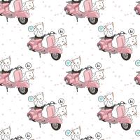 Seamless kawaii 2 white cats with motorcycle pattern vector