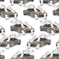 Seamless kawaii cats and auto car pattern. vector