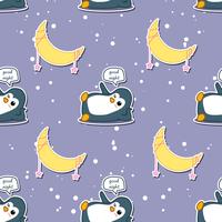 Seamless penguin says good night with moon pattern.