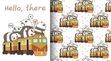 Seamless kawaii pandas on the train pattern vector