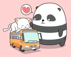 Lindo panda y gato que está en el autobús. vector