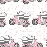 Seamless kawaii panda está montando el patrón de la motocicleta. vector