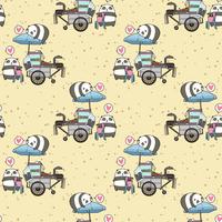 Seamless kawaii pandas with portable stall pattern vector
