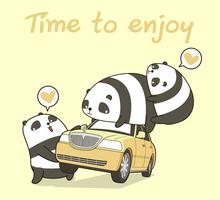 3 kawaii panda characters with a car vector