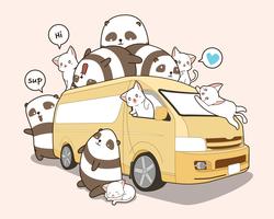 Cute cats and panda and van. vector