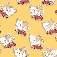 Seamless kawaii cat loves vintage car pattern. vector