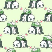 Seamless kawaii cats with car on giant panda pattern. vector