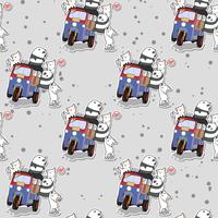 Seamless kawaii pandas and cats with motor tricycle pattern vector