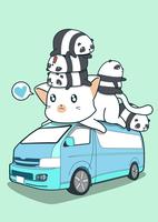 Cute giant cat and pandas on blue van. vector