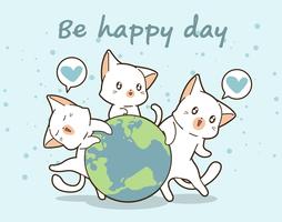 3 kawaii cats love the world vector