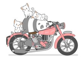 Kawaii panda y gatos con moto. vector